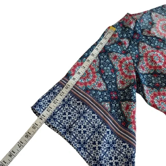 Blue & Red Women' S-M Floral Geometric Bohemian Design Sleeved V Neck Crop Top - Picture 10 of 10